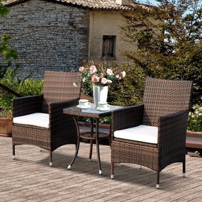 Conjunto de 1 Mesa 2 Cadeiras Rattan para Jardím com almofada Estrutura Metal Cor Castanho