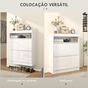 Móvel Sapateira de Entrada com Luzes LED Prateleira Aberta e 2 Gavetas Basculantes para 12-16 Pares 80x24x99,5 cm Branco Brilhante