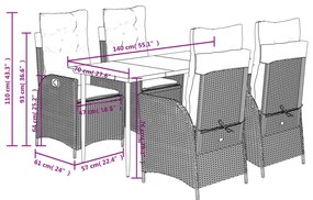 5 pcs conjunto de jantar p/ jardim c/ almofadões vime PE cinza