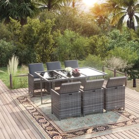 vidaXL 7 pcs conjunto de jantar p/ jardim c/ almofadões vime PE cinza