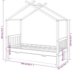 Estrutura cama criança c/ gaveta 80x160 cm pinho maciço branco