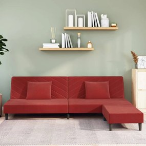vidaXL Sofá-cama 2 lug. + 2 almofadas/apoio pés veludo vermelho tinto