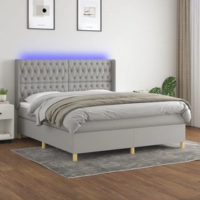 Cama box spring c/ colchão e LED 180x200 cm tecido cinza-claro