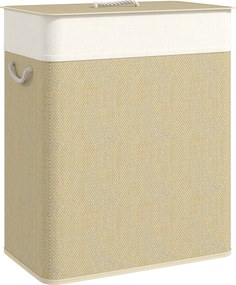 Cesto de roupa suja duplo com tampa 52 x 32 x 63 cm, cesto de roupa suja em bambu de 100 L com alças de corda creme