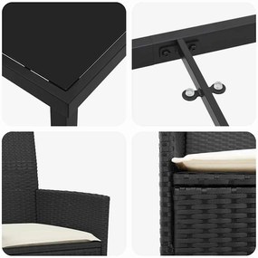 Conjunto de Jantar de Jardim de 3 Peças com Almofadas Preto em Rattan