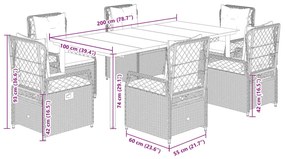 7 pcs conjunto de jantar p/ jardim com almofadões vime PE bege