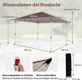 Tenda de Jardim Dobrável Emergente, 350 x 352 x 250 cm, Altura Ajustável em 3 Posições, Castanho