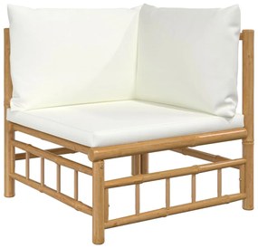 Sofá de canto de jardim bambu com almofadões branco nata