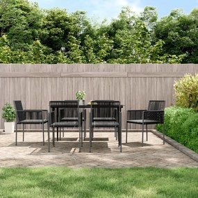7 pcs conjunto jantar p/ jardim c/ almofadões vime PE/aço preto