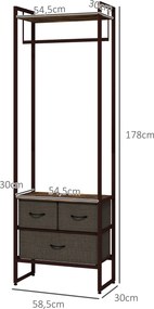 Suporte para Cabides com 3 Gavetas de Tecido Barra para Pendurar e Prateleira para Entrada Quarto 58,5x30x178 cm Castanho Rústico