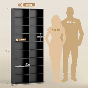 Organizador para CD e DVD com 18 compartimentos, capacidade máxima de 640 CD/360 DVD/430 Blu-ray, 78,5 x 24 x 175 cm, preto