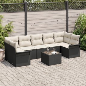 Conjunto de Sofá de Jardim vidaXL 8 Peças com Almofadas Preto Vime de Poliéster