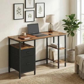 Secretária com 3 prateleiras com 2 gavetas, 127 x 50 x 76 cm castanho-preto