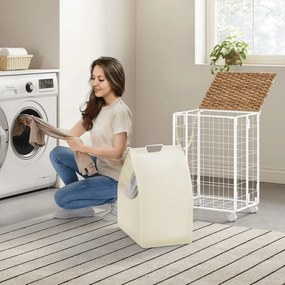 Cesto para roupa suja 46 x 33 x 65 cm com rodas e saco para roupa suja bege natural-branco creme