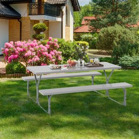 Conjunto jardim de 2 bancos e mesa para 8 pessoas com estrutura metálica Buraco para guarda-sol Cinzento