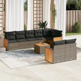 9 pcs conjunto sofás p/ jardim com almofadões vime PE cinzento