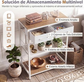 Mesa de Consola com Gavetas e Estantes, 60 x 30 x 81 cm, Estrutura Metálica, Natural e branco