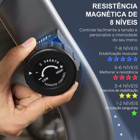 Bicicleta Estática com Encosto com 8 Níveis de Resistência Magnética Comprimento Ajustável Ecrã LCD 122-137x62x103 cm Cinza