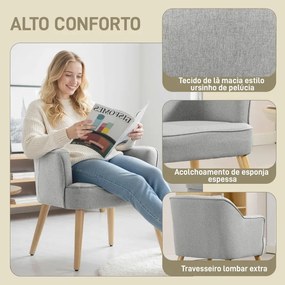 Poltrona Estilo Nórdico Estofada em Linho com Pés de Madeira para Dormitório Escritório Estúdio 64,5x65x79,5 cm Cinzento