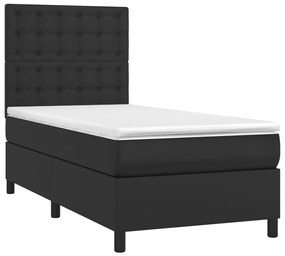 Cama box spring c/ colchão/LED 100x200cm couro artificial preto