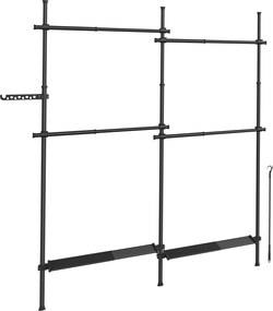 Guarda Roupa de 3 níveis, ajustável em altura e largura aberto com 4 varões e 2 prateleiras 33,5 x (162-238) x (220-300) cm preto