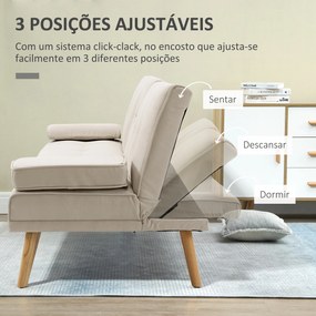 Sofá Cama 3 Lugares com Encosto Ajustável Apoio para os Braços Desmontável e 2 Suportes para Copos 181x77x78 cm Bege