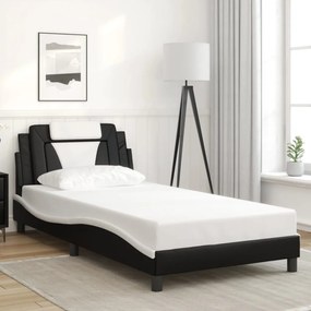 Estrutura cama c/ luzes LED 100x200cm couro artif. preto/branco