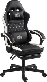 HOMCOM Cadeira gaming com apoio para os pés, cadeira de computador com apoio de cabeça & almofada, revestimento em couro sintético, giratória, altura ajustável, Metal, Plástico, Preto+Branco | Aosom Portugal