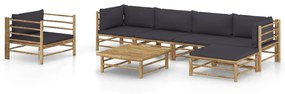 vidaXL 7 pcs conj. lounge jardim em bambu c/ almofadões cinza-escuro