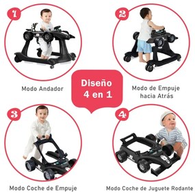 Andador 4 em 1 para crianças, dobrável, atividade de empurrar, com altura ajustável e carrilhão de velocidade com luzes, volante Preto