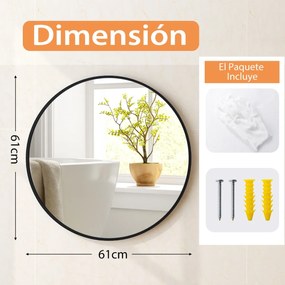 Espelho de casa de banho redondo de 61 cm montado na parede com moldura de metal mate escovado resistente à ferrugem para uma decoração minimalista