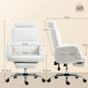 Cadeira de Escritório com Apoio para Pés Estofada em Borreguito e Encosto Reclinável  67x74x107-115 cm Creme