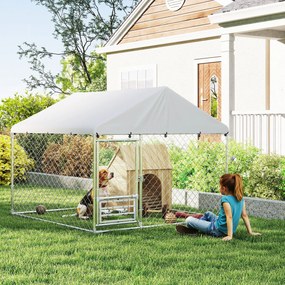 Canil Exterior com Toldo 2x2x1,54 m para Cães (CASOTA NÃO INCLUIDA) em Aço Galvanizado com Suporte para Comida Giratório e Ajustável Prata