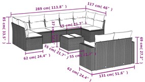 10 pcs conjunto sofás p/ jardim c/ almofadões vime PE cinzento