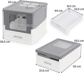Caixa de areia dobrável 50 x 37,5 x 36,5 cm com tampa fechada, entrada frontal e saída rebatível, bandeja portátil para gatos até 10 kg, cinza
