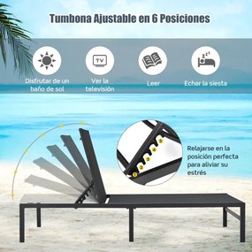 Espreguiçadeira de exterior com 6 posições de encosto ajustável Recliner de aço para piscina Praia Pátio 64 x 198 x 67-103 cm Preto