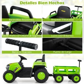 Trator Elétrico para crianças de 12V com Reboque Desmontável Comando à Distância Faróis LED Buzina Música Arranque Verde