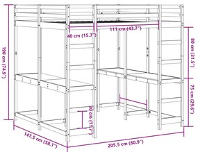 Cama alta com secretária e escada 140x200 cm pinho maciço