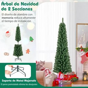 Árvore de Natal Artificial 180 CM  forma Lápis com 392 pontas de ramos Base de fio de memória Base de metal Decoração de árvore fina Verde