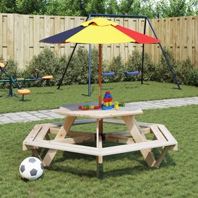 vidaXL Mesa de piquenique para 6 crianças com guarda-sol abeto maciço