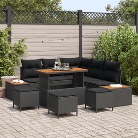 Conjunto de Sofá de Jardim de 9 Peças com Almofadas Rattan Preto Acáci