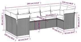 7 pcs conjunto sofás p/ jardim c/ almofadões vime PE cinzento