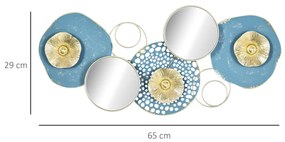 HOMCOM Decoração de Parede de Metal Espelho de Folhas de Flores 3D Arte de Parede Suspensa para Sala de Estar Dormitório Escritório 65x29cm Multicor
