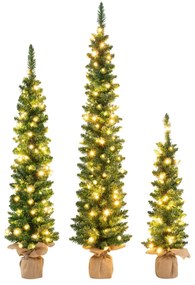 Conjunto de 3 árvores de Natal artificiais pré-iluminadas Pencil 90/120/150 CM com 415 pontas de ramos 230 luzes LED Decoração verdes