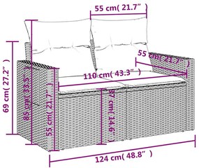5 pcs conj. sofás jardim c/ almofadões vime PE cinzento-claro