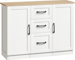 HOMCOM Buffet para sala, móvel de arrumação com 2 portas de fecho suave e 3 gavetas, 110x35x80,4cm, branco e madeira natural | Aosom Portugal