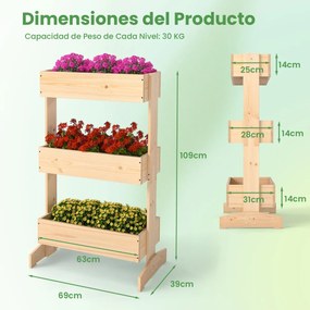 Floreira Elevada 9 x 39 x 109 cm de 3 Níveis para Plantas Estrutura de Madeira para Interiores e Exteriores para Plantas Verduras e Flores natural