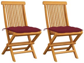 vidaXL Cadeiras jardim c/ almofadões vermelho tinto 2 pcs teca maciça