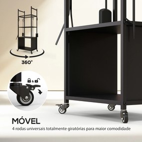 Suporte para Lenha com Rodas de 4 Níveis com Pá Escova Atiçador e Tenaz para Interior e Exterior 45x30x118 cm Preto