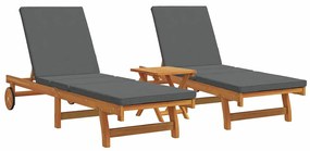 Camas de sol com rodas vidaXL 2 pcs com mesa e almofada em madeira de acácia sólida